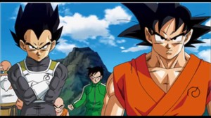Vegeta and Goku, Master Roshi (FL), Krillin, and Gohan (M)