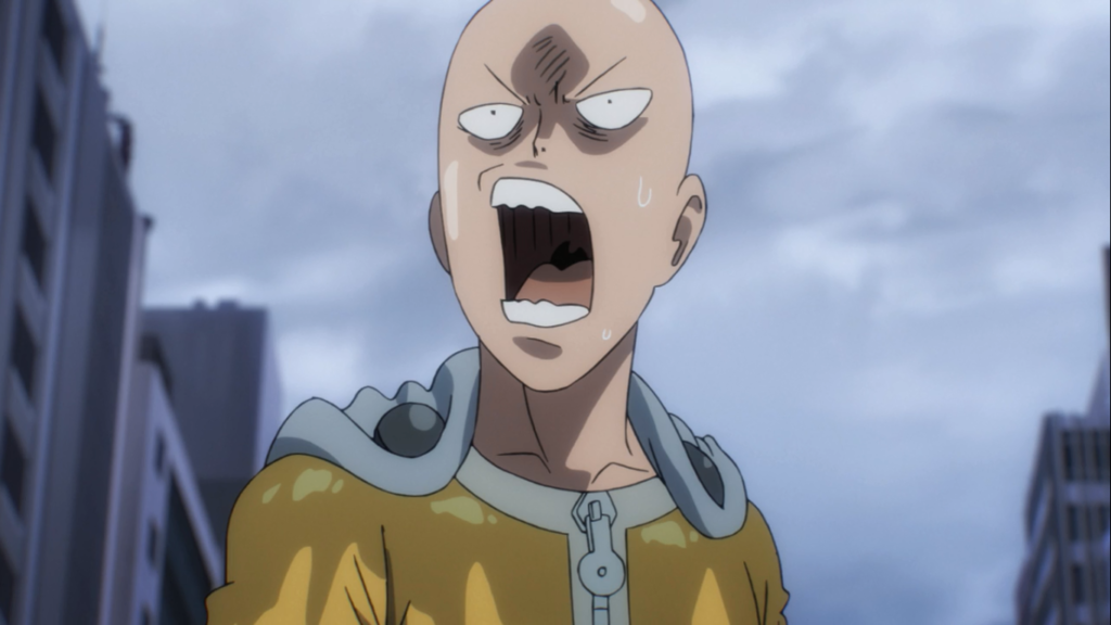 Saitama from One Punch Man annoyed at what he sees. (From Episode 9)