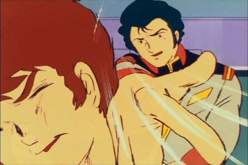 Bright Noa slaps Amuro Ray, highlighting the "Bright Slap", from the "Mobile Suit Gundam" anime