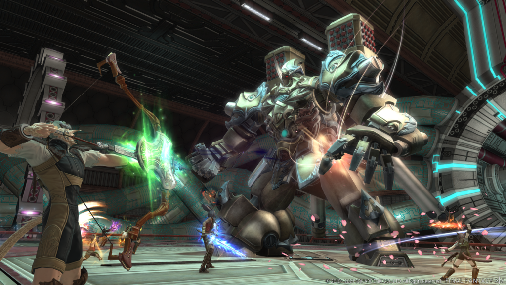 Screenshot from FFXIV featuring a battle against a dungeon enemy from Shadowbringers Patch 5.55