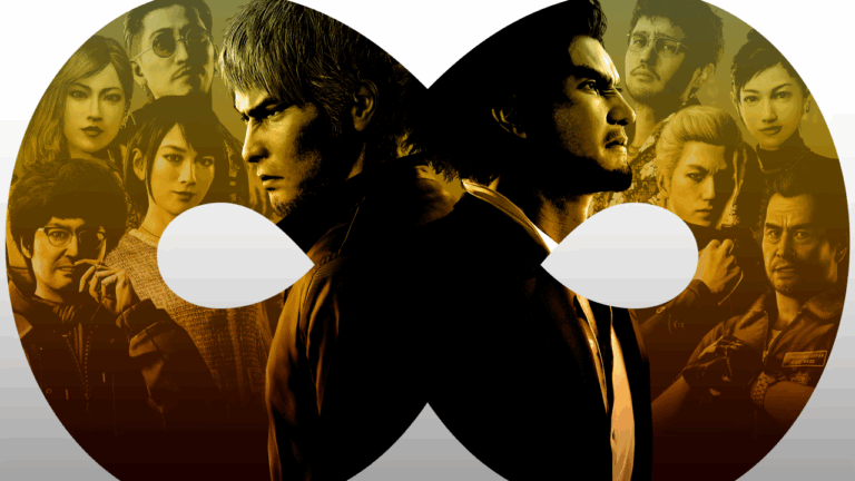 a cast of characters from "Like A Dragon: Infinite Wealth" including main characters, Kazuma Kiryu (left) and Ichiban Kasuga (right) looking away from each other