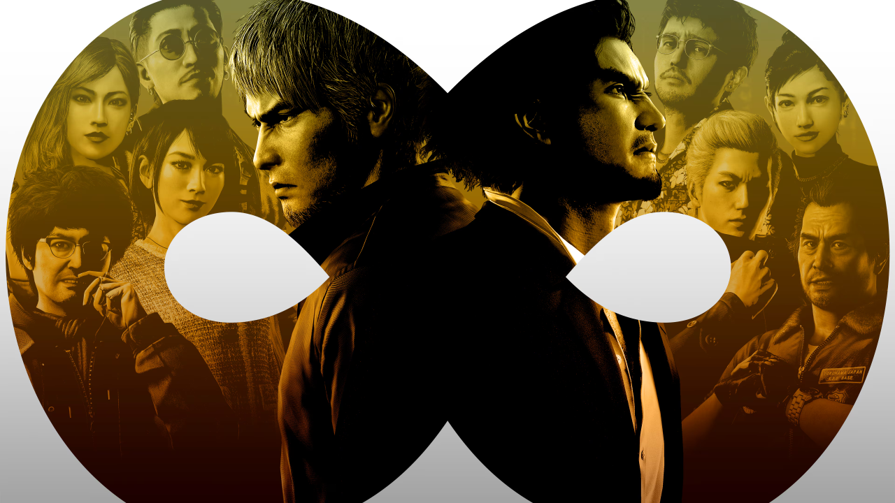 a cast of characters from "Like A Dragon: Infinite Wealth" including main characters, Kazuma Kiryu (left) and Ichiban Kasuga (right) looking away from each other